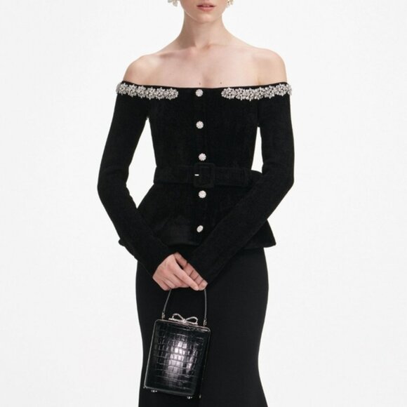 Self-portrait Black Chenille Knit Crystal Trim Midi Dress - Picture 4 of 12